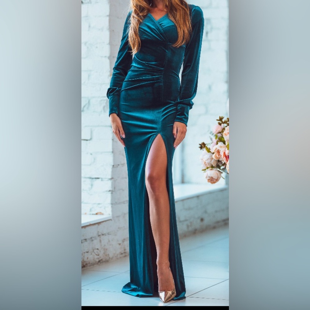Teal green maxi velvet dress
